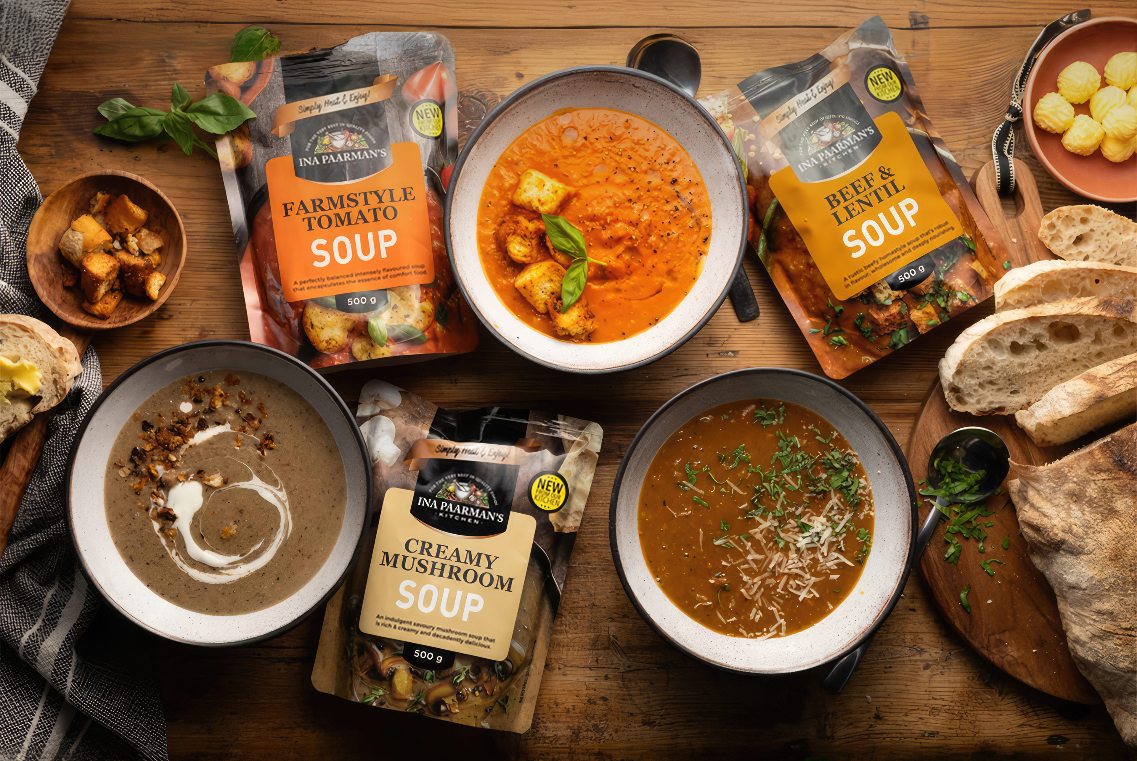 Soup product line on table