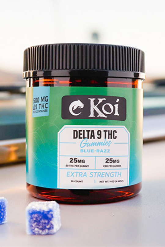 product photography for Koi Blue razz delta nine gummies 