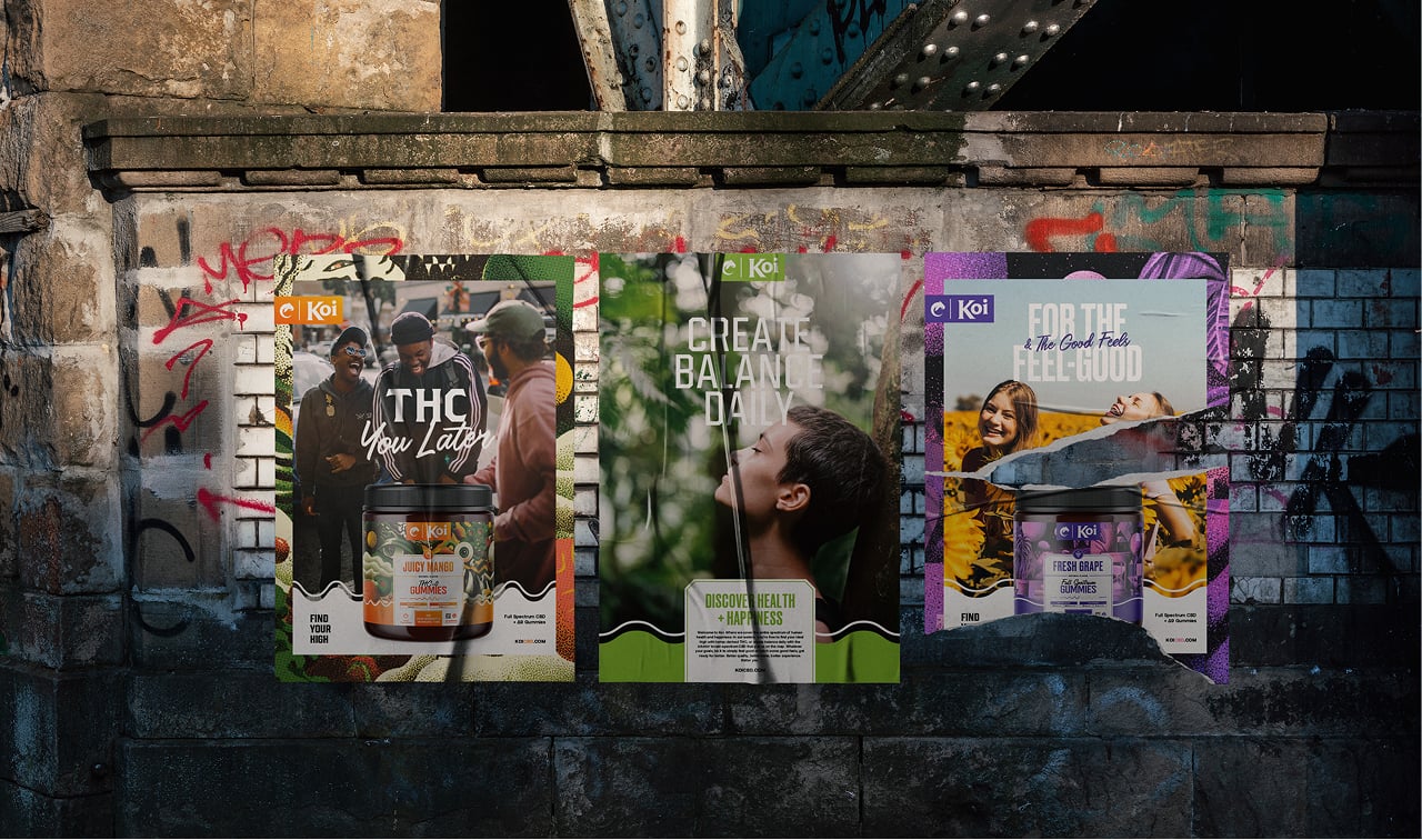 Mockup of KOI cbd posters on a wall covered in graffiti