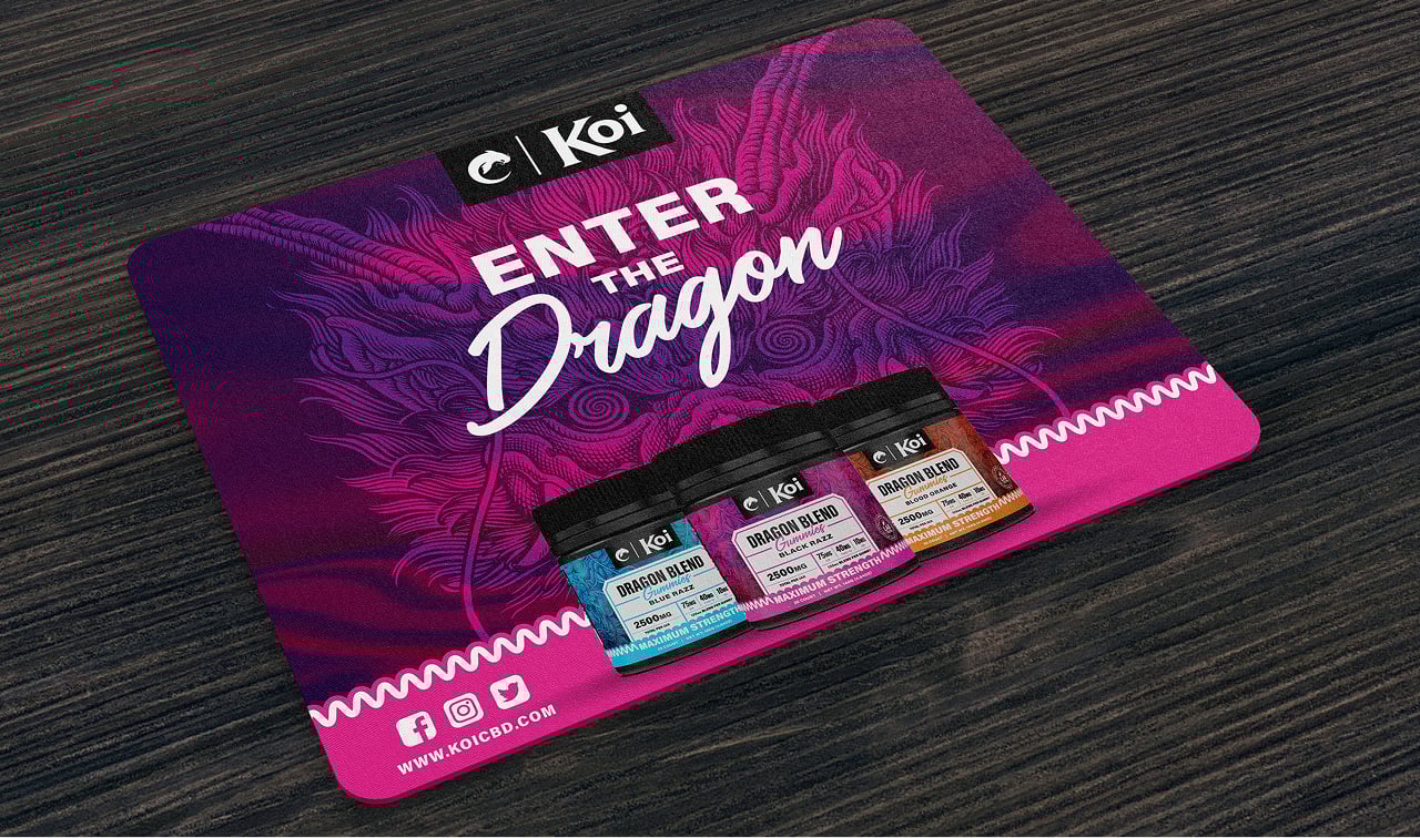 Mousepad design with dragon blend gummies and branding 