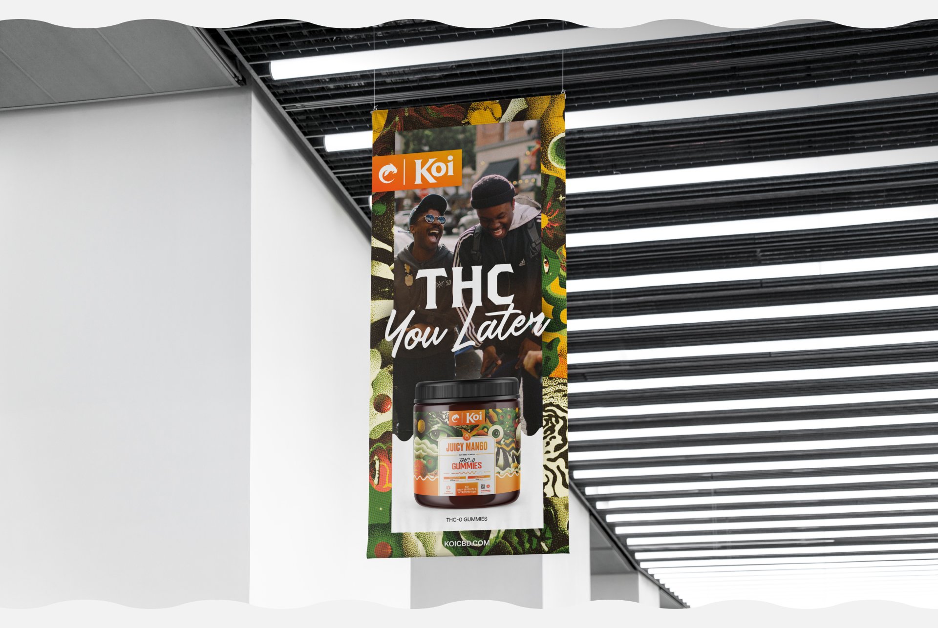hanging banner mockup design for Koi Juicy mango thc-o gummies 